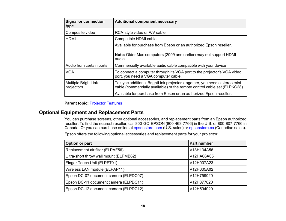 Optional equipment and replacement parts | Epson BrightLink 1485Fi 5000-Lumen Pixel-Shift Full HD Ultra-Short Throw 3LCD Interactive Laser Projector User Manual | Page 18 / 395