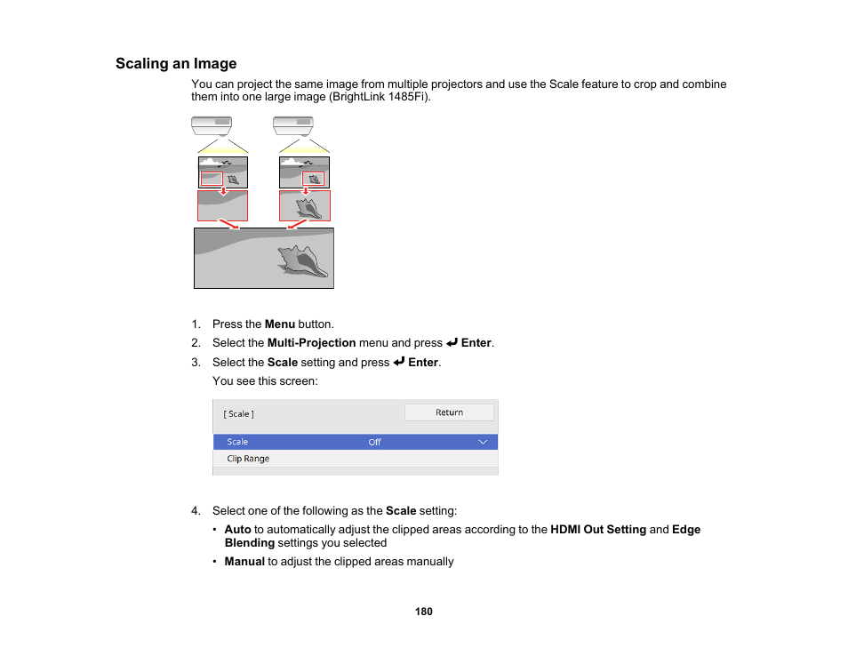 Scaling an image | Epson BrightLink 1485Fi 5000-Lumen Pixel-Shift Full HD Ultra-Short Throw 3LCD Interactive Laser Projector User Manual | Page 180 / 395