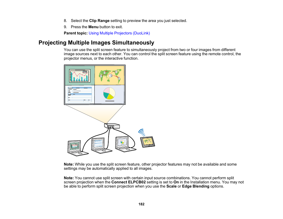 Projecting multiple images simultaneously | Epson BrightLink 1485Fi 5000-Lumen Pixel-Shift Full HD Ultra-Short Throw 3LCD Interactive Laser Projector User Manual | Page 182 / 395