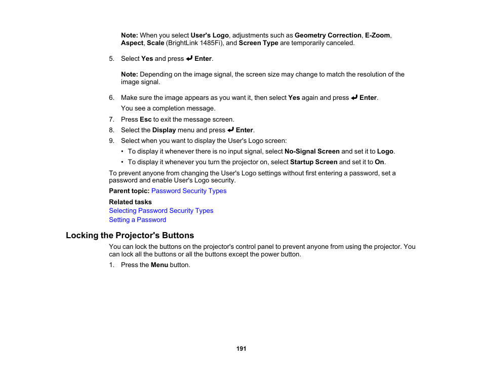 Locking the projector's buttons | Epson BrightLink 1485Fi 5000-Lumen Pixel-Shift Full HD Ultra-Short Throw 3LCD Interactive Laser Projector User Manual | Page 191 / 395