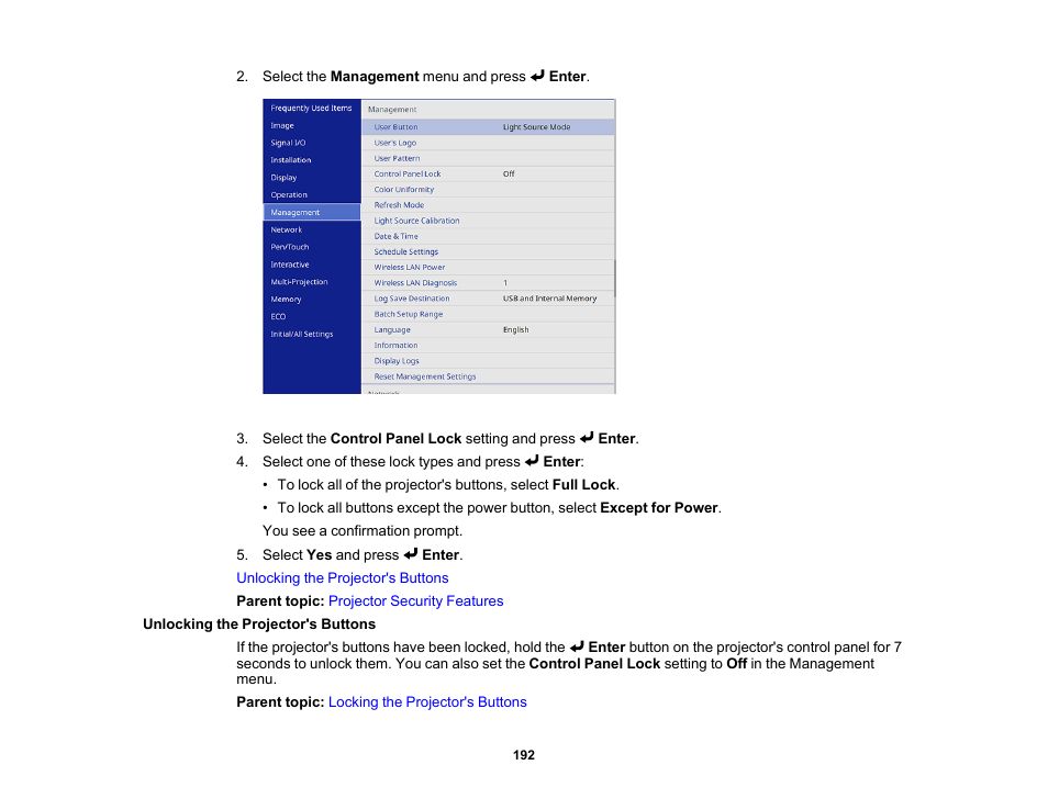 Unlocking the projector's buttons | Epson BrightLink 1485Fi 5000-Lumen Pixel-Shift Full HD Ultra-Short Throw 3LCD Interactive Laser Projector User Manual | Page 192 / 395