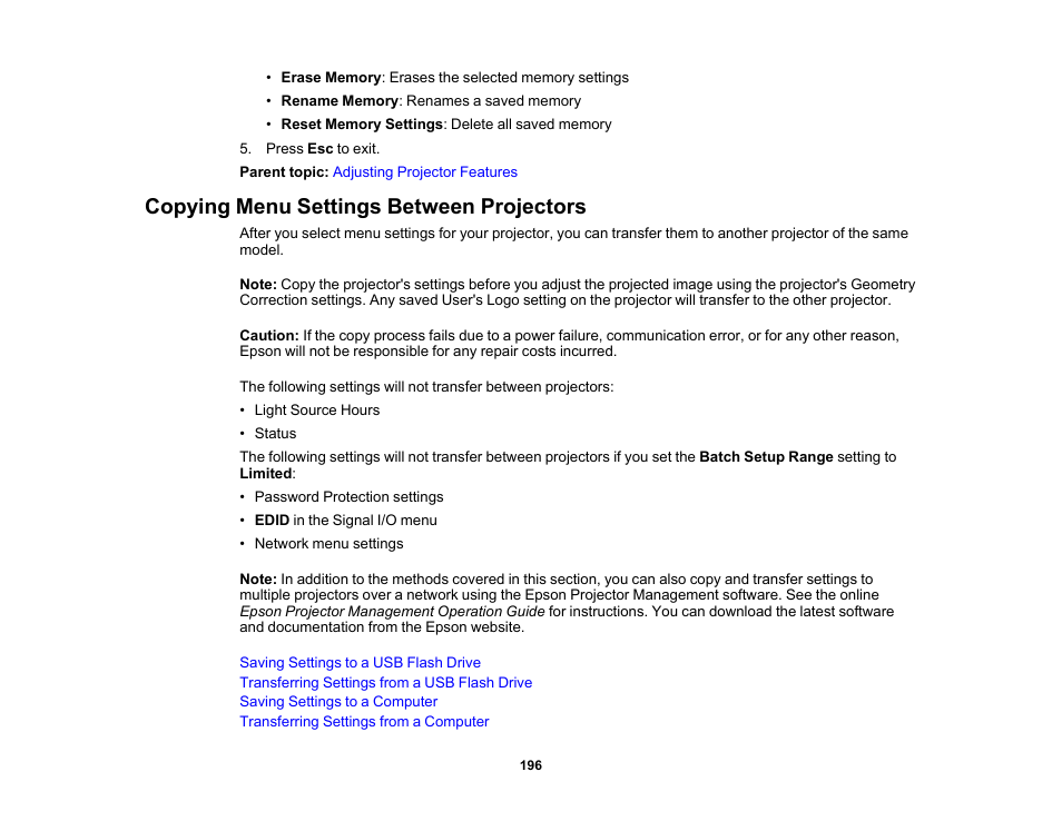 Copying menu settings between projectors | Epson BrightLink 1485Fi 5000-Lumen Pixel-Shift Full HD Ultra-Short Throw 3LCD Interactive Laser Projector User Manual | Page 196 / 395