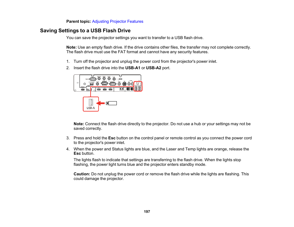 Saving settings to a usb flash drive | Epson BrightLink 1485Fi 5000-Lumen Pixel-Shift Full HD Ultra-Short Throw 3LCD Interactive Laser Projector User Manual | Page 197 / 395