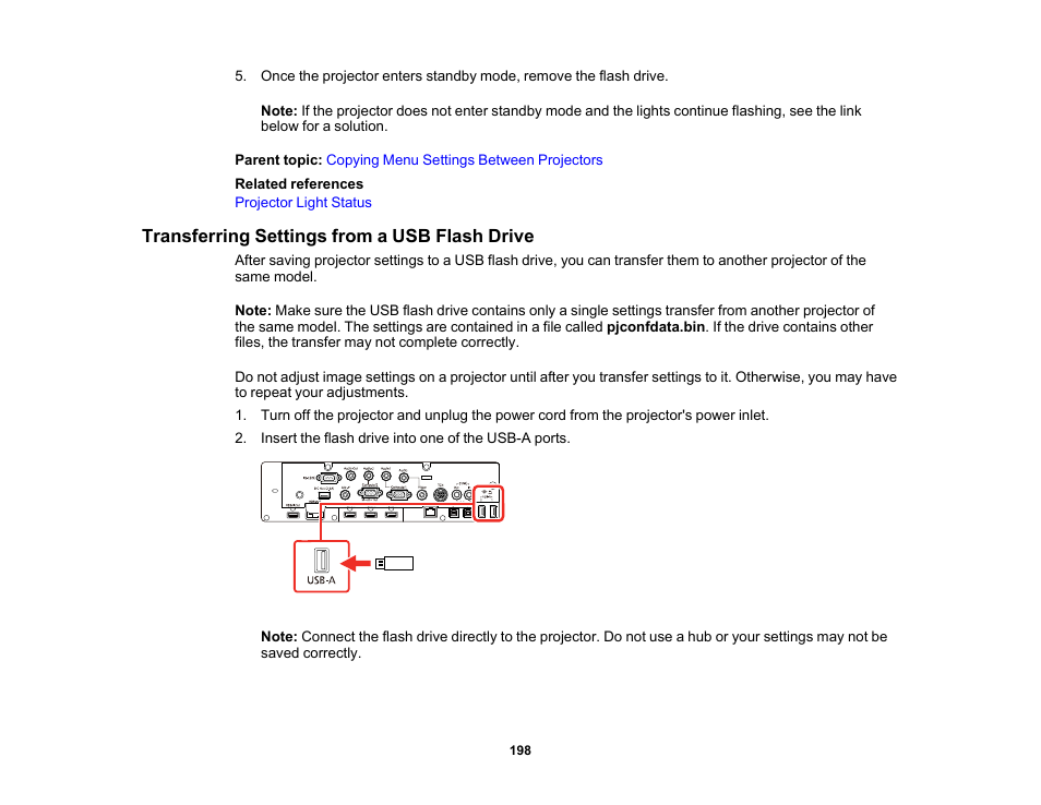 Transferring settings from a usb flash drive | Epson BrightLink 1485Fi 5000-Lumen Pixel-Shift Full HD Ultra-Short Throw 3LCD Interactive Laser Projector User Manual | Page 198 / 395