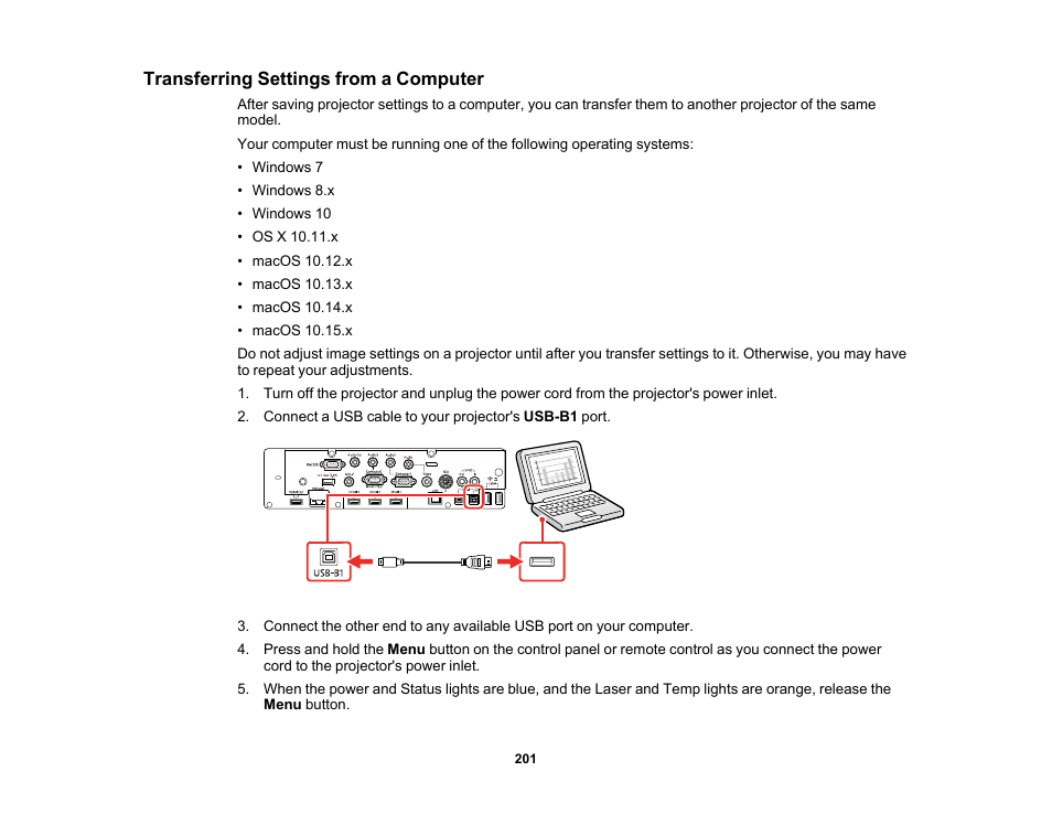 Transferring settings from a computer | Epson BrightLink 1485Fi 5000-Lumen Pixel-Shift Full HD Ultra-Short Throw 3LCD Interactive Laser Projector User Manual | Page 201 / 395