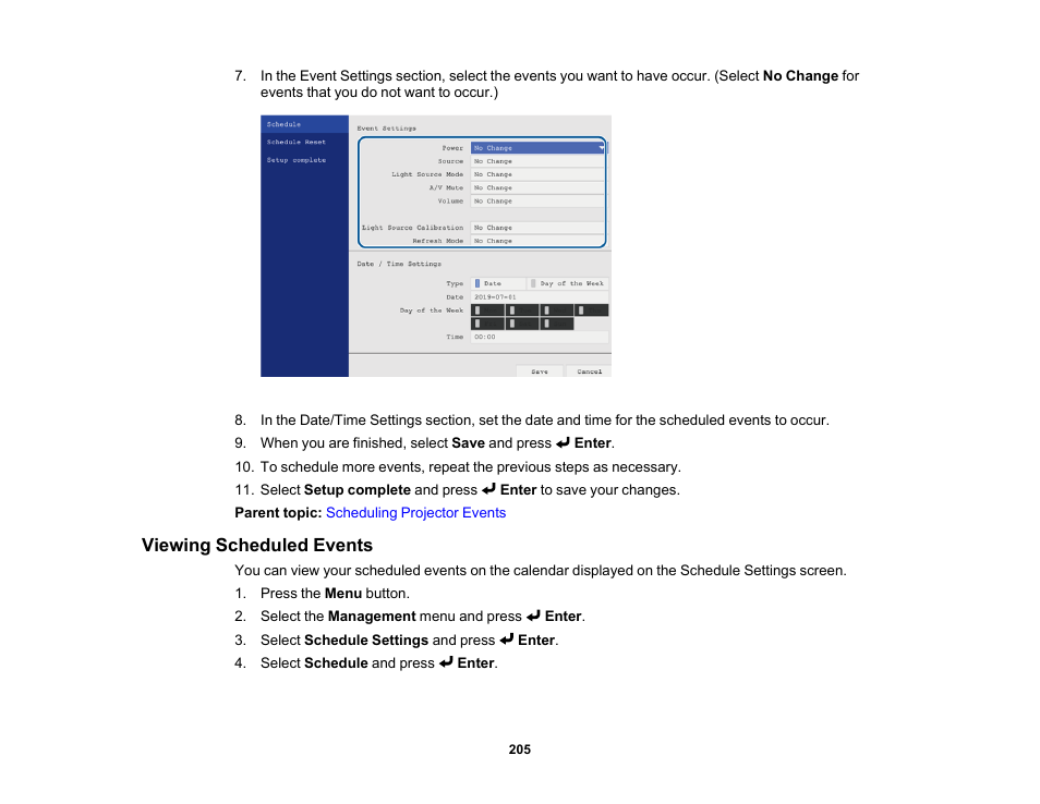 Viewing scheduled events | Epson BrightLink 1485Fi 5000-Lumen Pixel-Shift Full HD Ultra-Short Throw 3LCD Interactive Laser Projector User Manual | Page 205 / 395