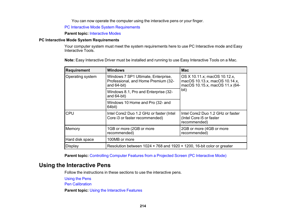 Pc interactive mode system requirements, Using the interactive pens | Epson BrightLink 1485Fi 5000-Lumen Pixel-Shift Full HD Ultra-Short Throw 3LCD Interactive Laser Projector User Manual | Page 214 / 395