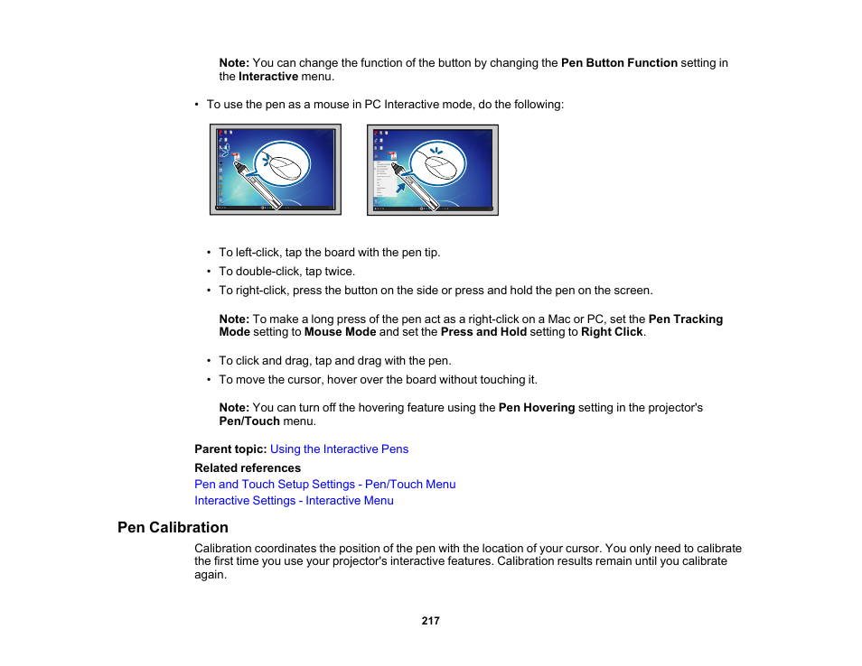 Pen calibration | Epson BrightLink 1485Fi 5000-Lumen Pixel-Shift Full HD Ultra-Short Throw 3LCD Interactive Laser Projector User Manual | Page 217 / 395