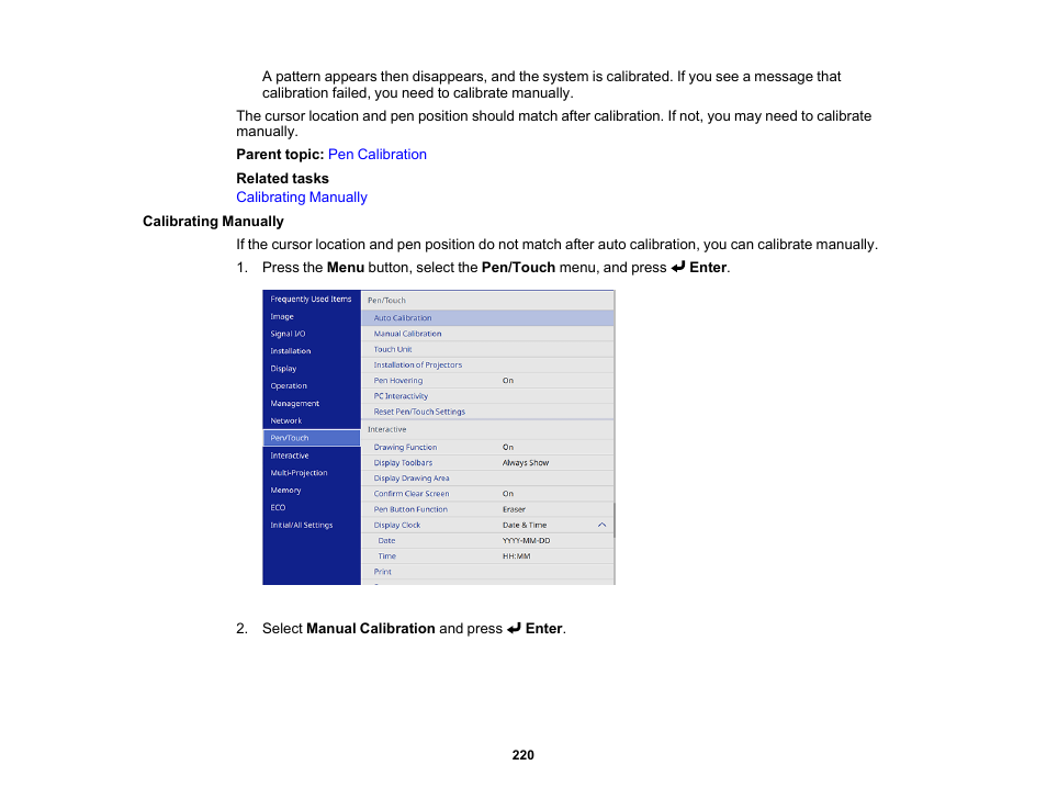 Calibrating manually | Epson BrightLink 1485Fi 5000-Lumen Pixel-Shift Full HD Ultra-Short Throw 3LCD Interactive Laser Projector User Manual | Page 220 / 395