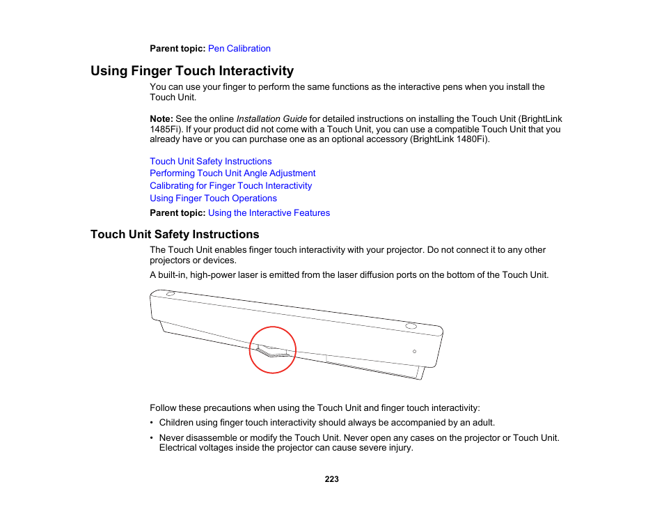 Using finger touch interactivity, Touch unit safety instructions | Epson BrightLink 1485Fi 5000-Lumen Pixel-Shift Full HD Ultra-Short Throw 3LCD Interactive Laser Projector User Manual | Page 223 / 395