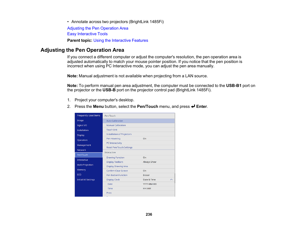 Adjusting the pen operation area | Epson BrightLink 1485Fi 5000-Lumen Pixel-Shift Full HD Ultra-Short Throw 3LCD Interactive Laser Projector User Manual | Page 236 / 395