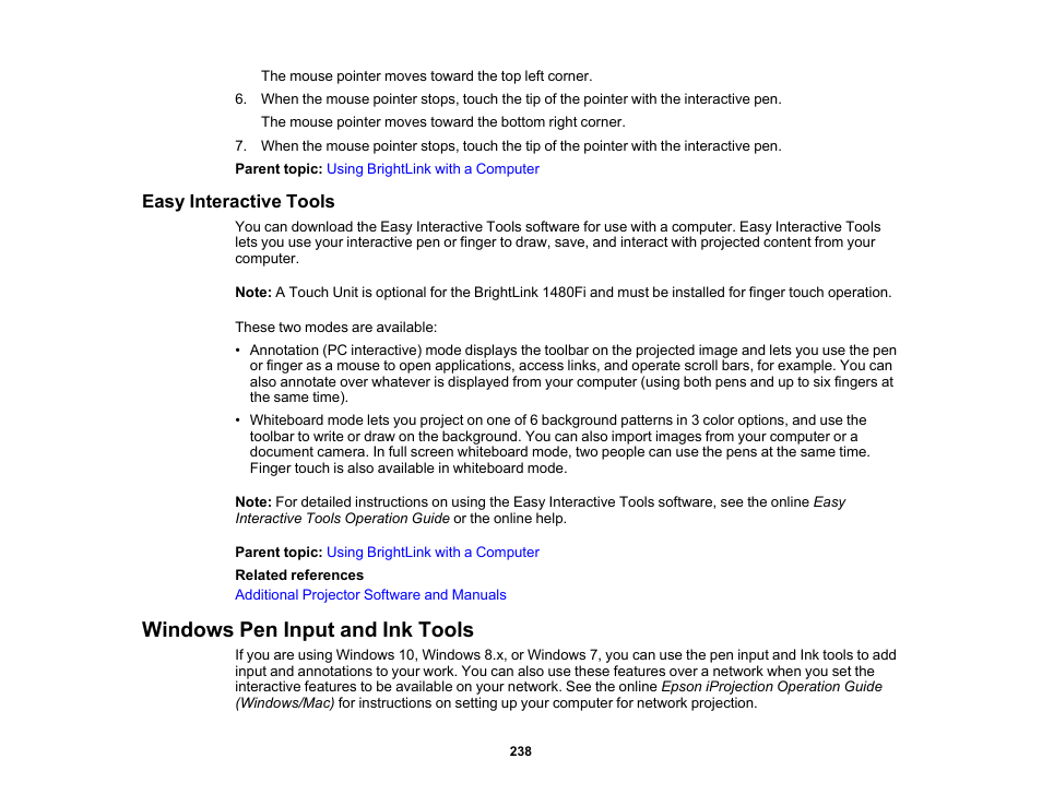 Easy interactive tools, Windows pen input and ink tools | Epson BrightLink 1485Fi 5000-Lumen Pixel-Shift Full HD Ultra-Short Throw 3LCD Interactive Laser Projector User Manual | Page 238 / 395