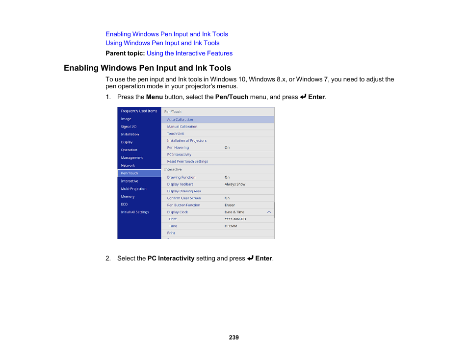 Enabling windows pen input and ink tools | Epson BrightLink 1485Fi 5000-Lumen Pixel-Shift Full HD Ultra-Short Throw 3LCD Interactive Laser Projector User Manual | Page 239 / 395