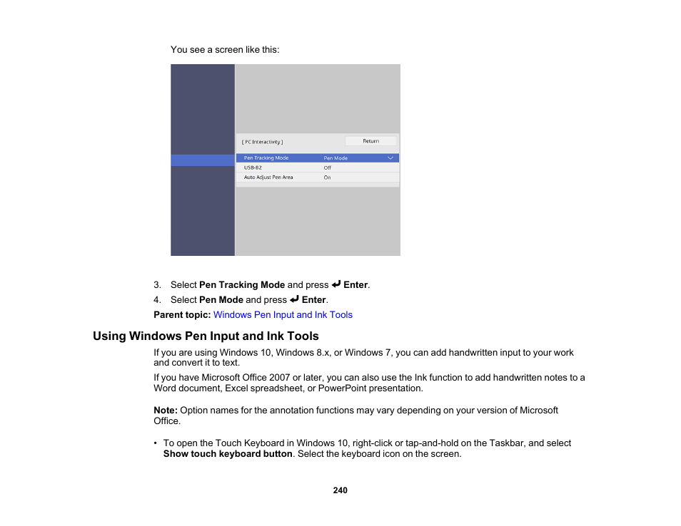 Using windows pen input and ink tools | Epson BrightLink 1485Fi 5000-Lumen Pixel-Shift Full HD Ultra-Short Throw 3LCD Interactive Laser Projector User Manual | Page 240 / 395