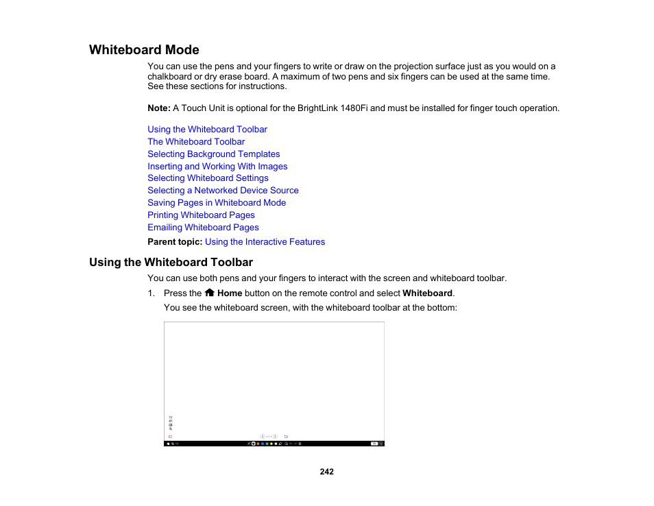 Whiteboard mode, Using the whiteboard toolbar | Epson BrightLink 1485Fi 5000-Lumen Pixel-Shift Full HD Ultra-Short Throw 3LCD Interactive Laser Projector User Manual | Page 242 / 395