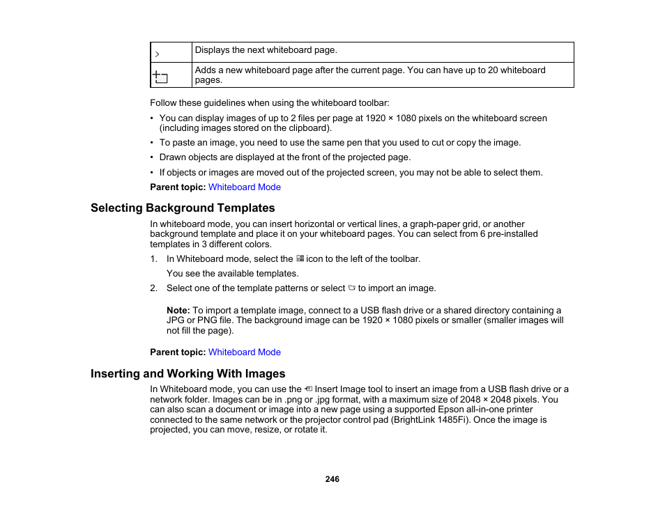 Selecting background templates, Inserting and working with images | Epson BrightLink 1485Fi 5000-Lumen Pixel-Shift Full HD Ultra-Short Throw 3LCD Interactive Laser Projector User Manual | Page 246 / 395