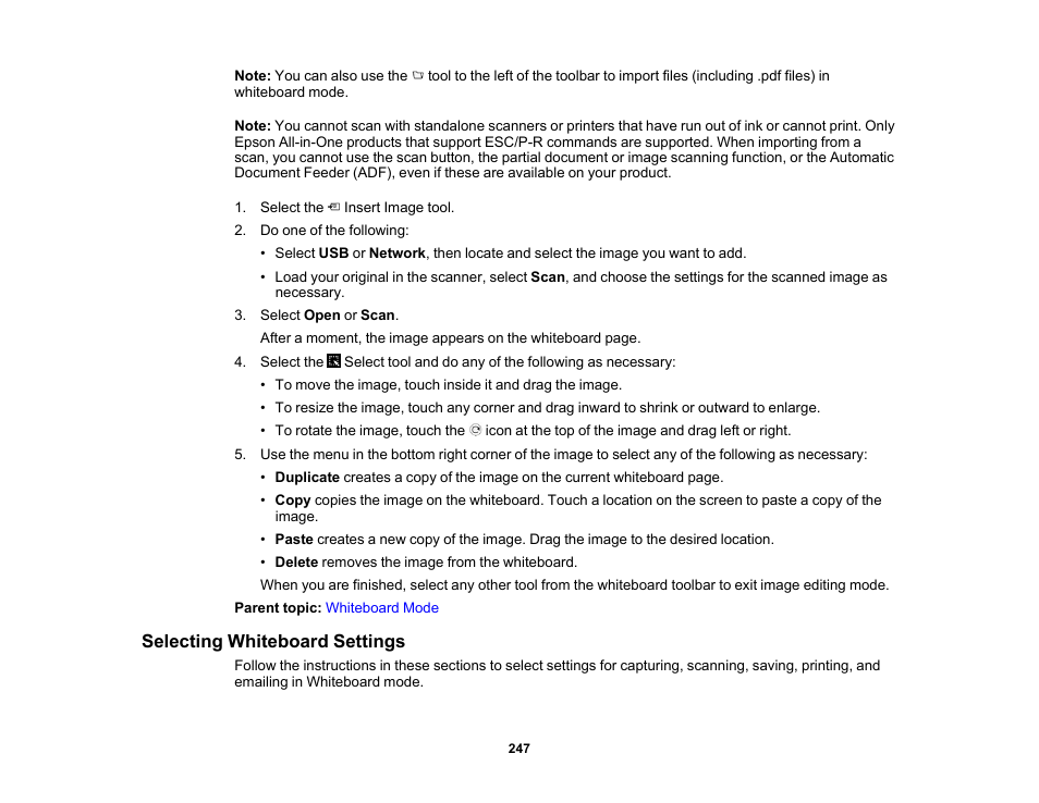 Selecting whiteboard settings | Epson BrightLink 1485Fi 5000-Lumen Pixel-Shift Full HD Ultra-Short Throw 3LCD Interactive Laser Projector User Manual | Page 247 / 395