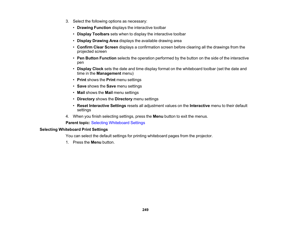 Selecting whiteboard print settings | Epson BrightLink 1485Fi 5000-Lumen Pixel-Shift Full HD Ultra-Short Throw 3LCD Interactive Laser Projector User Manual | Page 249 / 395