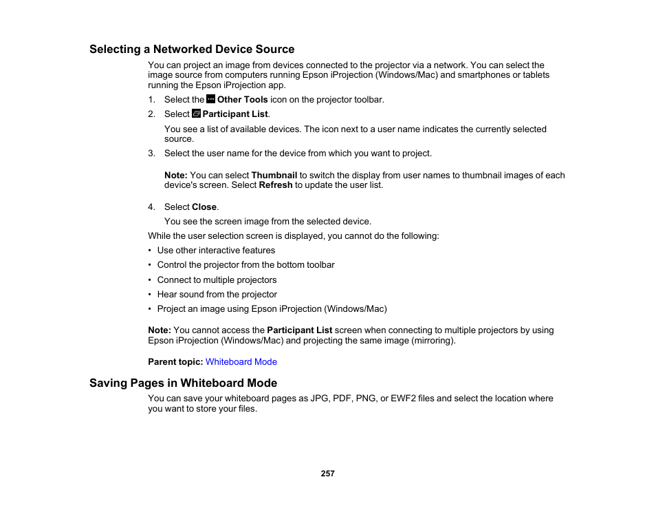 Selecting a networked device source | Epson BrightLink 1485Fi 5000-Lumen Pixel-Shift Full HD Ultra-Short Throw 3LCD Interactive Laser Projector User Manual | Page 257 / 395