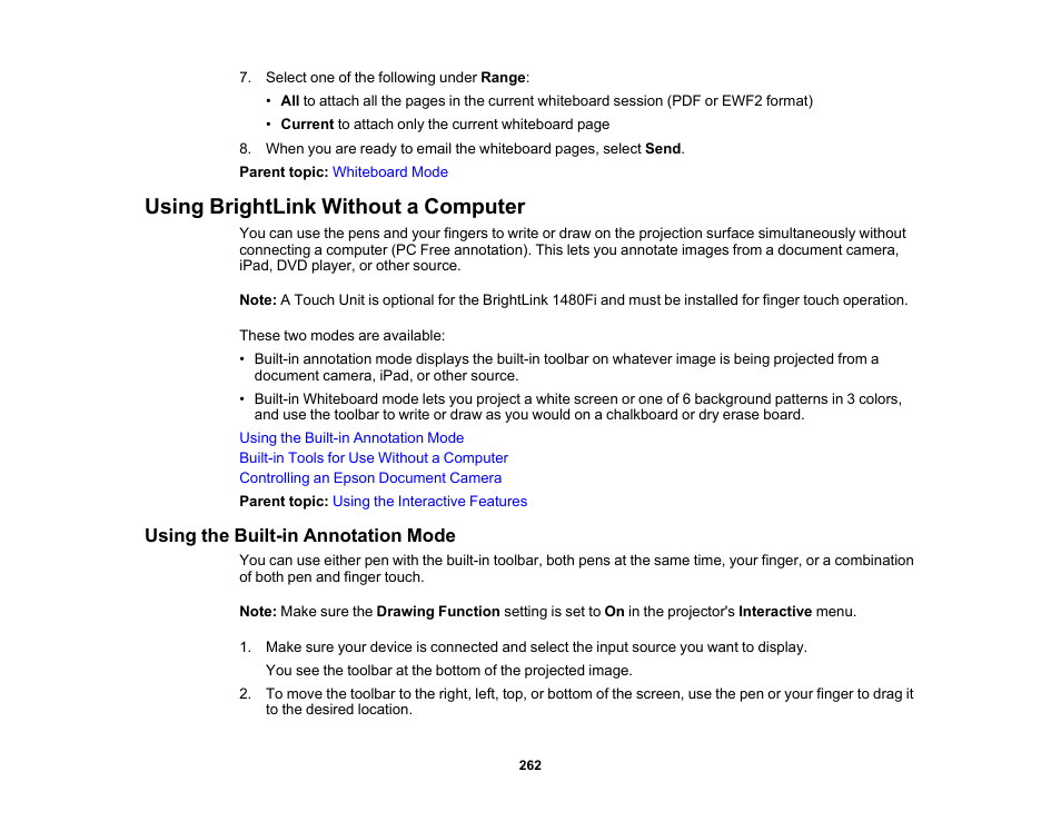 Using brightlink without a computer, Using the built-in annotation mode | Epson BrightLink 1485Fi 5000-Lumen Pixel-Shift Full HD Ultra-Short Throw 3LCD Interactive Laser Projector User Manual | Page 262 / 395