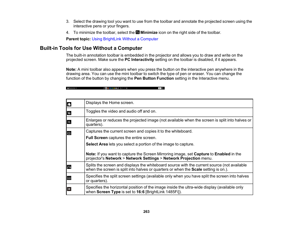 Built-in tools for use without a computer | Epson BrightLink 1485Fi 5000-Lumen Pixel-Shift Full HD Ultra-Short Throw 3LCD Interactive Laser Projector User Manual | Page 263 / 395