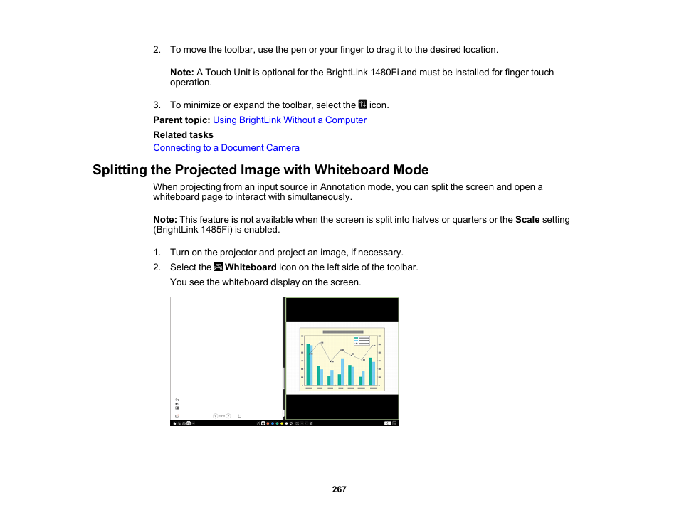 Splitting the projected image with whiteboard mode | Epson BrightLink 1485Fi 5000-Lumen Pixel-Shift Full HD Ultra-Short Throw 3LCD Interactive Laser Projector User Manual | Page 267 / 395