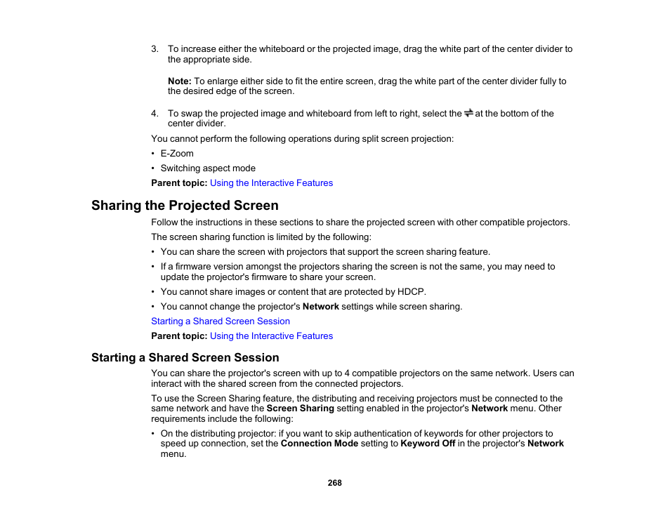 Sharing the projected screen, Starting a shared screen session | Epson BrightLink 1485Fi 5000-Lumen Pixel-Shift Full HD Ultra-Short Throw 3LCD Interactive Laser Projector User Manual | Page 268 / 395