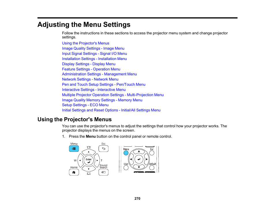 Adjusting the menu settings, Using the projector's menus | Epson BrightLink 1485Fi 5000-Lumen Pixel-Shift Full HD Ultra-Short Throw 3LCD Interactive Laser Projector User Manual | Page 270 / 395