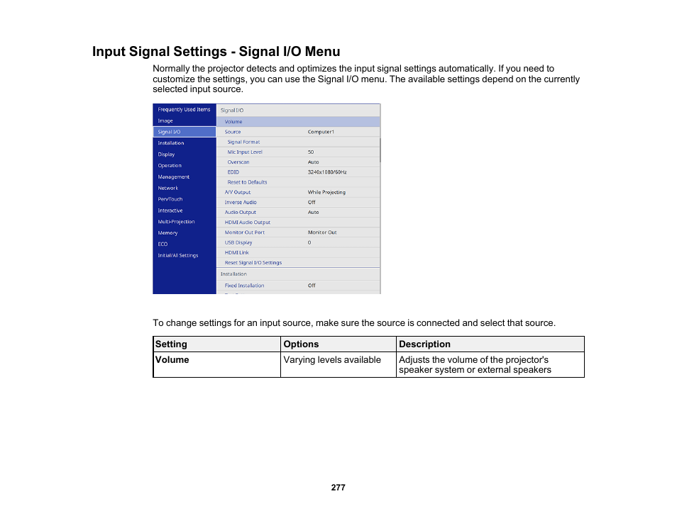 Input signal settings - signal i/o menu | Epson BrightLink 1485Fi 5000-Lumen Pixel-Shift Full HD Ultra-Short Throw 3LCD Interactive Laser Projector User Manual | Page 277 / 395