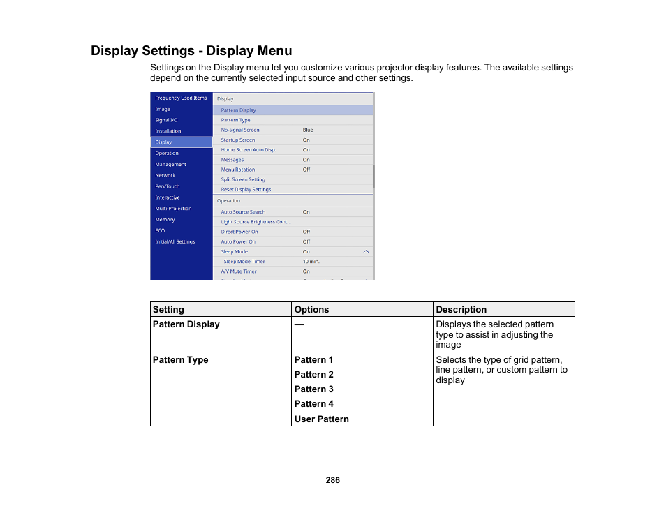 Display settings - display menu | Epson BrightLink 1485Fi 5000-Lumen Pixel-Shift Full HD Ultra-Short Throw 3LCD Interactive Laser Projector User Manual | Page 286 / 395