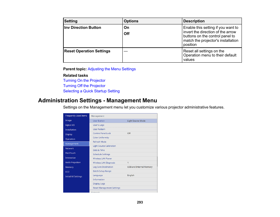 Administration settings - management menu | Epson BrightLink 1485Fi 5000-Lumen Pixel-Shift Full HD Ultra-Short Throw 3LCD Interactive Laser Projector User Manual | Page 293 / 395