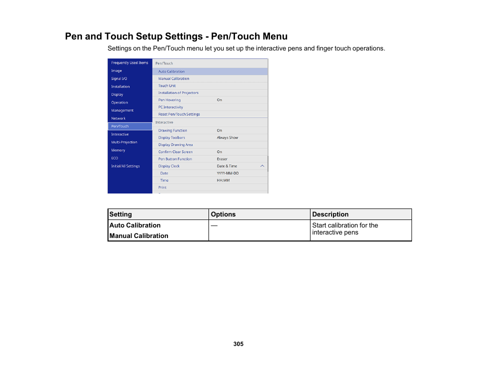 Pen and touch setup settings - pen/touch menu | Epson BrightLink 1485Fi 5000-Lumen Pixel-Shift Full HD Ultra-Short Throw 3LCD Interactive Laser Projector User Manual | Page 305 / 395