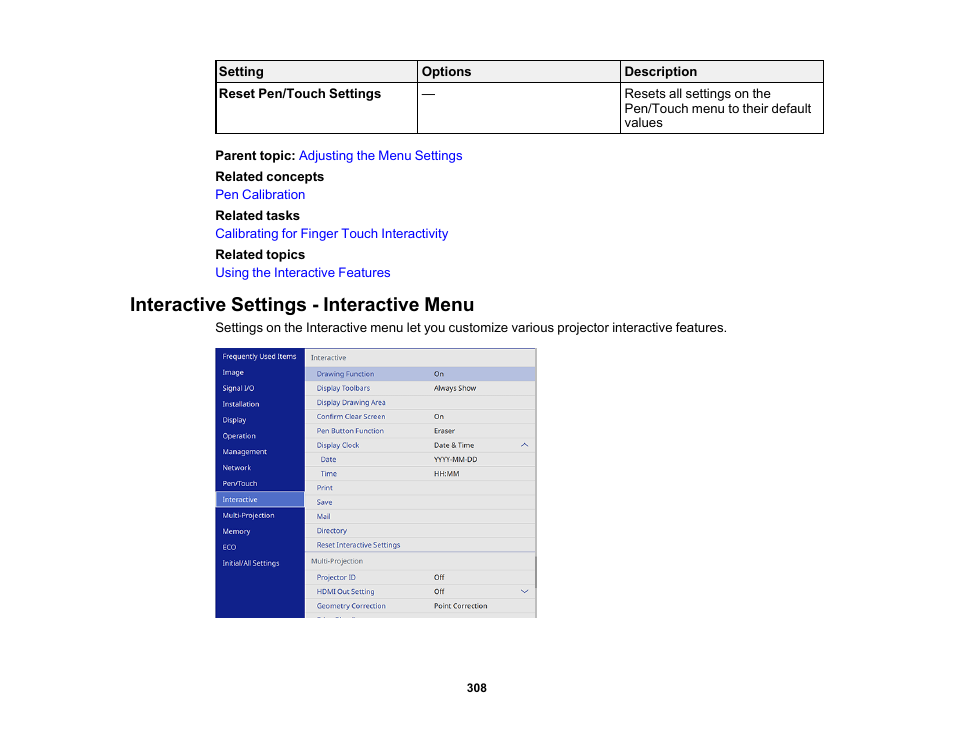 Interactive settings - interactive menu | Epson BrightLink 1485Fi 5000-Lumen Pixel-Shift Full HD Ultra-Short Throw 3LCD Interactive Laser Projector User Manual | Page 308 / 395