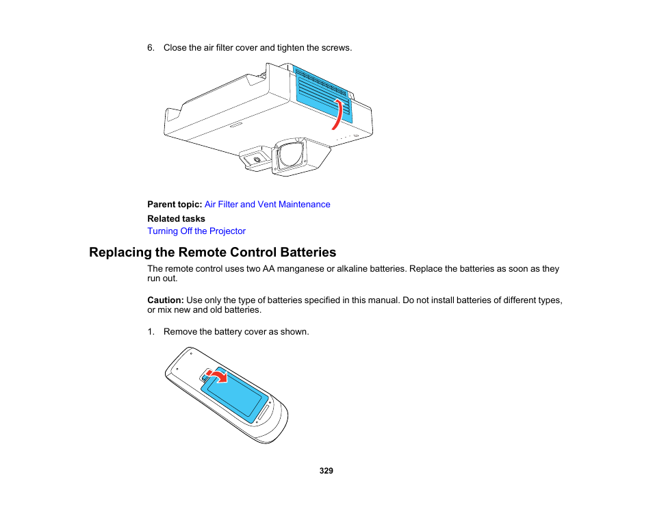 Replacing the remote control batteries | Epson BrightLink 1485Fi 5000-Lumen Pixel-Shift Full HD Ultra-Short Throw 3LCD Interactive Laser Projector User Manual | Page 329 / 395