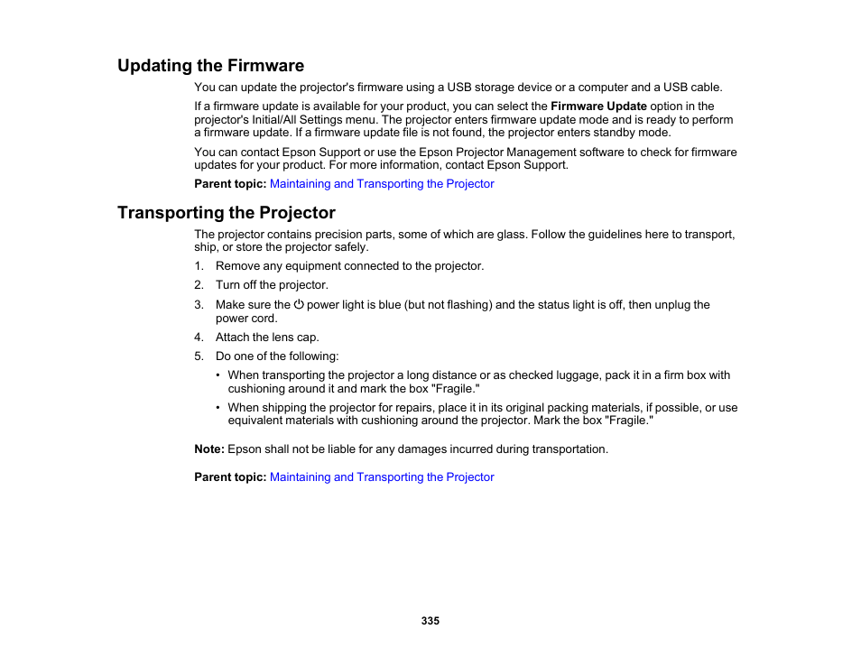 Updating the firmware, Transporting the projector, Updating the firmware transporting the projector | Epson BrightLink 1485Fi 5000-Lumen Pixel-Shift Full HD Ultra-Short Throw 3LCD Interactive Laser Projector User Manual | Page 335 / 395