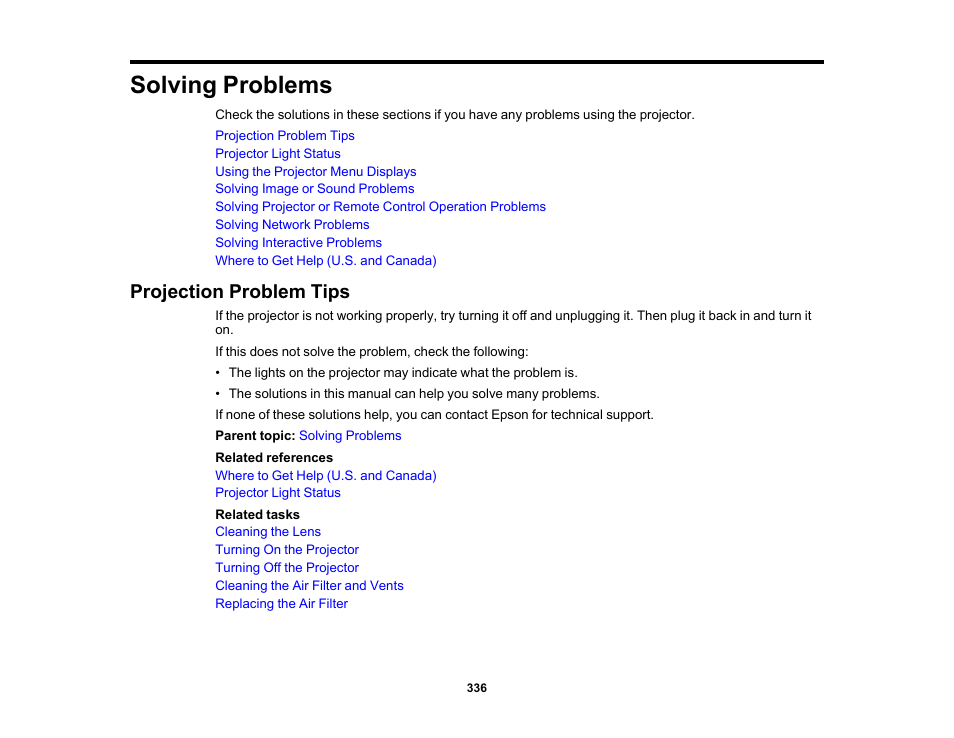 Solving problems, Projection problem tips | Epson BrightLink 1485Fi 5000-Lumen Pixel-Shift Full HD Ultra-Short Throw 3LCD Interactive Laser Projector User Manual | Page 336 / 395