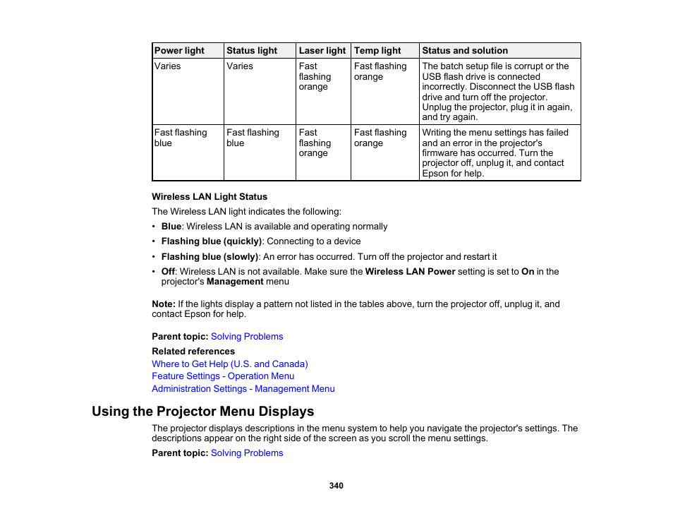 Using the projector menu displays | Epson BrightLink 1485Fi 5000-Lumen Pixel-Shift Full HD Ultra-Short Throw 3LCD Interactive Laser Projector User Manual | Page 340 / 395