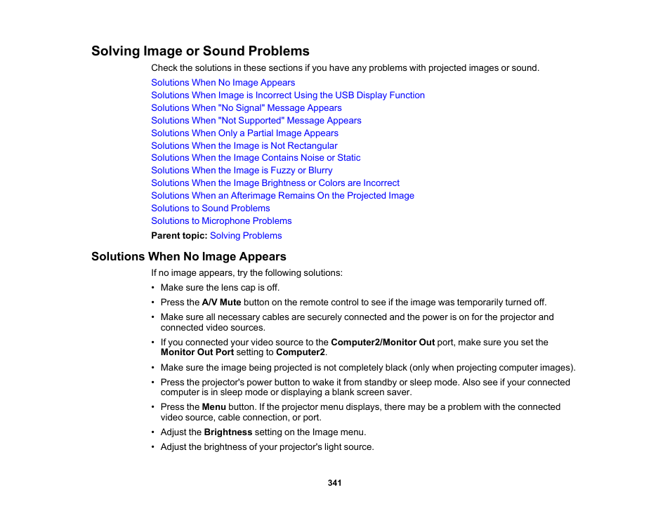 Solving image or sound problems, Solutions when no image appears | Epson BrightLink 1485Fi 5000-Lumen Pixel-Shift Full HD Ultra-Short Throw 3LCD Interactive Laser Projector User Manual | Page 341 / 395