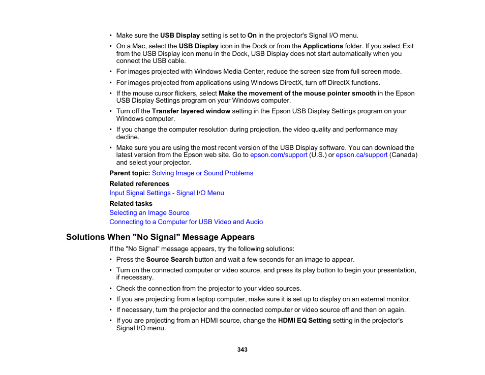 Solutions when "no signal" message appears | Epson BrightLink 1485Fi 5000-Lumen Pixel-Shift Full HD Ultra-Short Throw 3LCD Interactive Laser Projector User Manual | Page 343 / 395