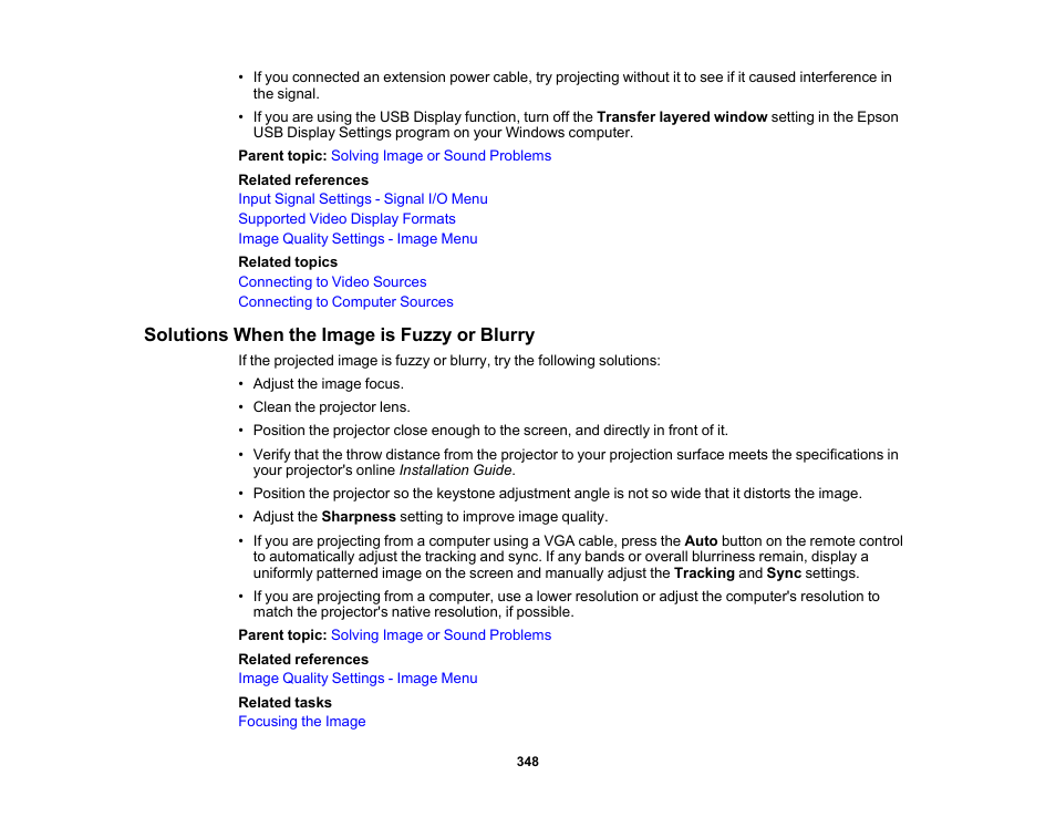 Solutions when the image is fuzzy or blurry | Epson BrightLink 1485Fi 5000-Lumen Pixel-Shift Full HD Ultra-Short Throw 3LCD Interactive Laser Projector User Manual | Page 348 / 395