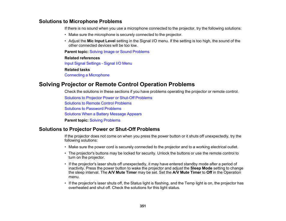 Solutions to microphone problems, Solutions to projector power or shut-off problems | Epson BrightLink 1485Fi 5000-Lumen Pixel-Shift Full HD Ultra-Short Throw 3LCD Interactive Laser Projector User Manual | Page 351 / 395