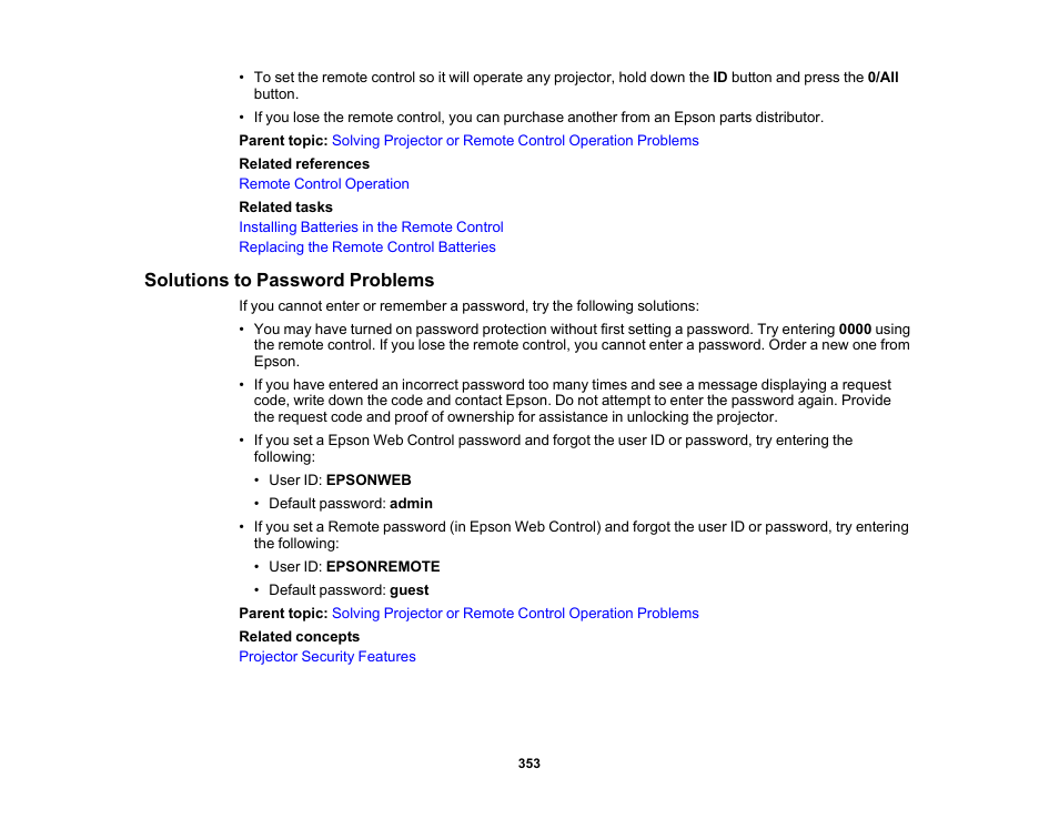 Solutions to password problems | Epson BrightLink 1485Fi 5000-Lumen Pixel-Shift Full HD Ultra-Short Throw 3LCD Interactive Laser Projector User Manual | Page 353 / 395