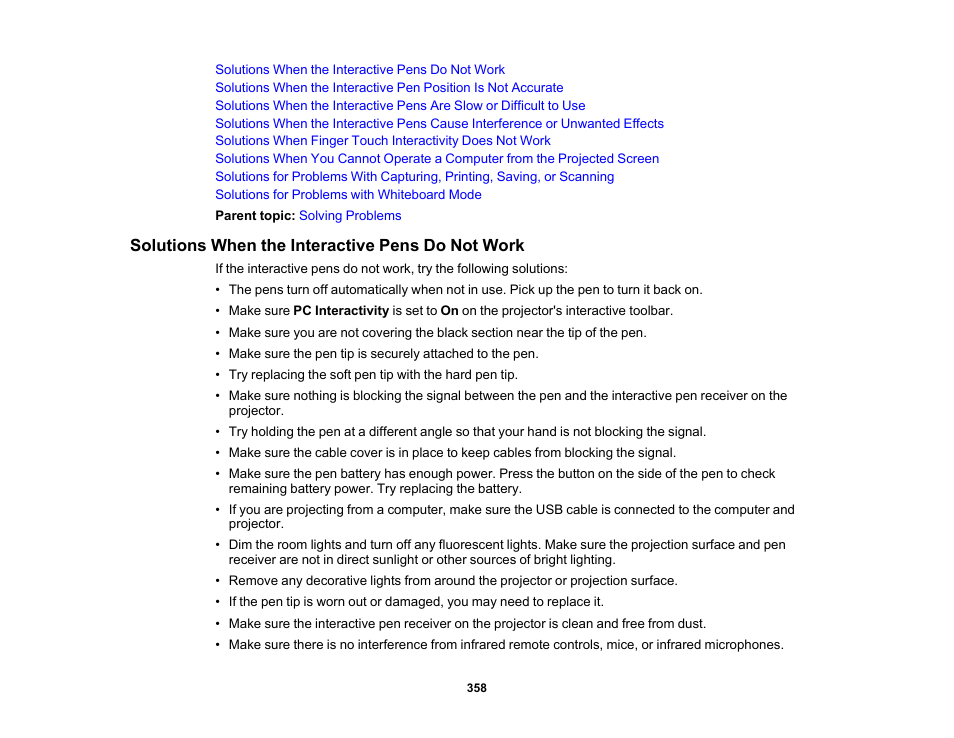 Solutions when the interactive pens do not work | Epson BrightLink 1485Fi 5000-Lumen Pixel-Shift Full HD Ultra-Short Throw 3LCD Interactive Laser Projector User Manual | Page 358 / 395