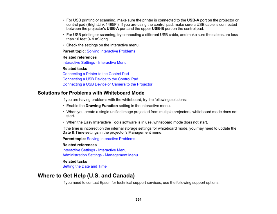 Solutions for problems with whiteboard mode, Where to get help (u.s. and canada) | Epson BrightLink 1485Fi 5000-Lumen Pixel-Shift Full HD Ultra-Short Throw 3LCD Interactive Laser Projector User Manual | Page 364 / 395