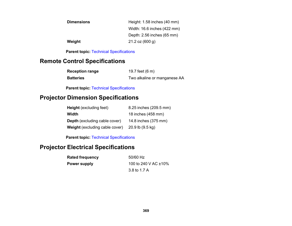 Remote control specifications, Projector dimension specifications, Projector electrical specifications | Epson BrightLink 1485Fi 5000-Lumen Pixel-Shift Full HD Ultra-Short Throw 3LCD Interactive Laser Projector User Manual | Page 369 / 395