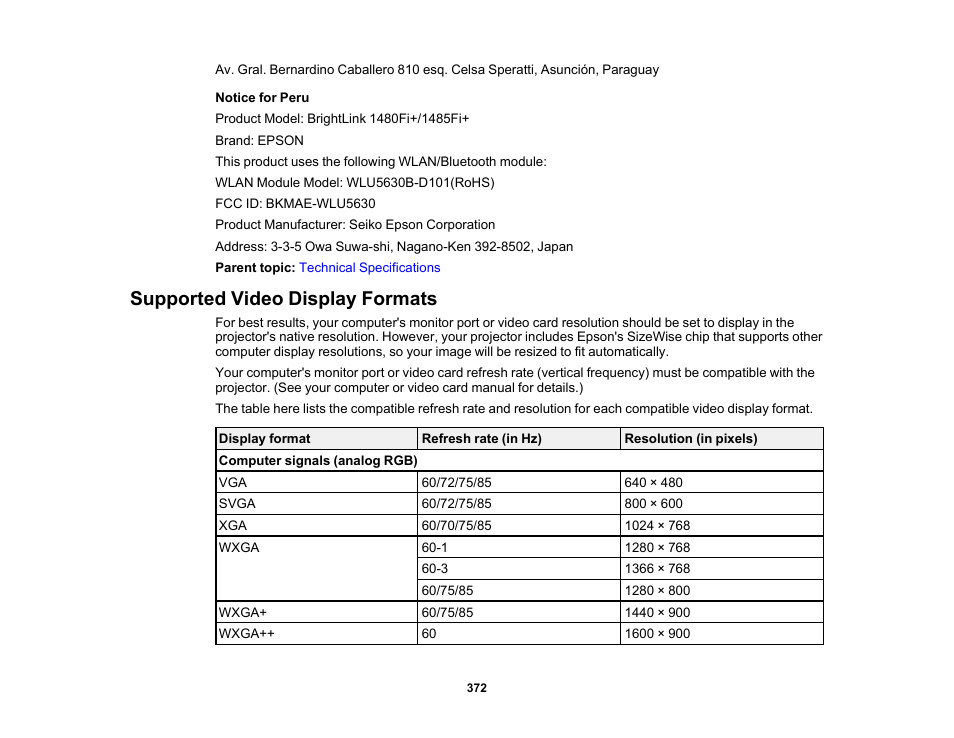 Supported video display formats | Epson BrightLink 1485Fi 5000-Lumen Pixel-Shift Full HD Ultra-Short Throw 3LCD Interactive Laser Projector User Manual | Page 372 / 395