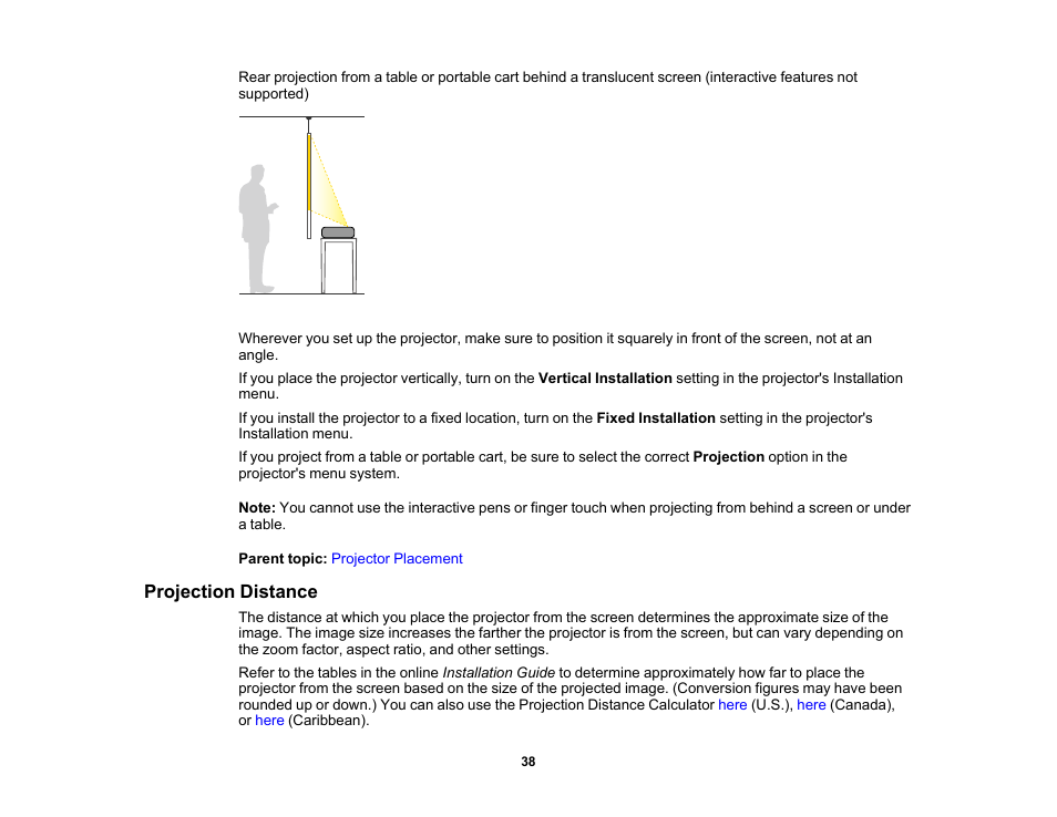 Projection distance | Epson BrightLink 1485Fi 5000-Lumen Pixel-Shift Full HD Ultra-Short Throw 3LCD Interactive Laser Projector User Manual | Page 38 / 395