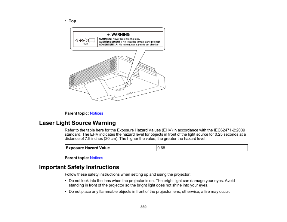 Laser light source warning, Important safety instructions | Epson BrightLink 1485Fi 5000-Lumen Pixel-Shift Full HD Ultra-Short Throw 3LCD Interactive Laser Projector User Manual | Page 380 / 395