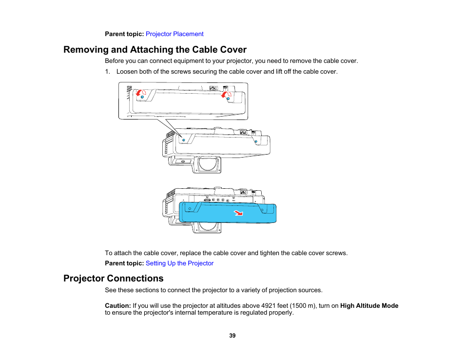 Removing and attaching the cable cover, Projector connections | Epson BrightLink 1485Fi 5000-Lumen Pixel-Shift Full HD Ultra-Short Throw 3LCD Interactive Laser Projector User Manual | Page 39 / 395