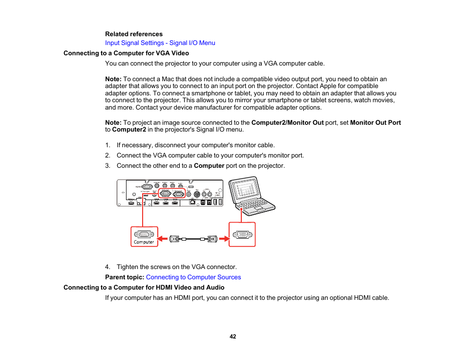 Connecting to a computer for vga video, Connecting to a computer for hdmi video and audio | Epson BrightLink 1485Fi 5000-Lumen Pixel-Shift Full HD Ultra-Short Throw 3LCD Interactive Laser Projector User Manual | Page 42 / 395